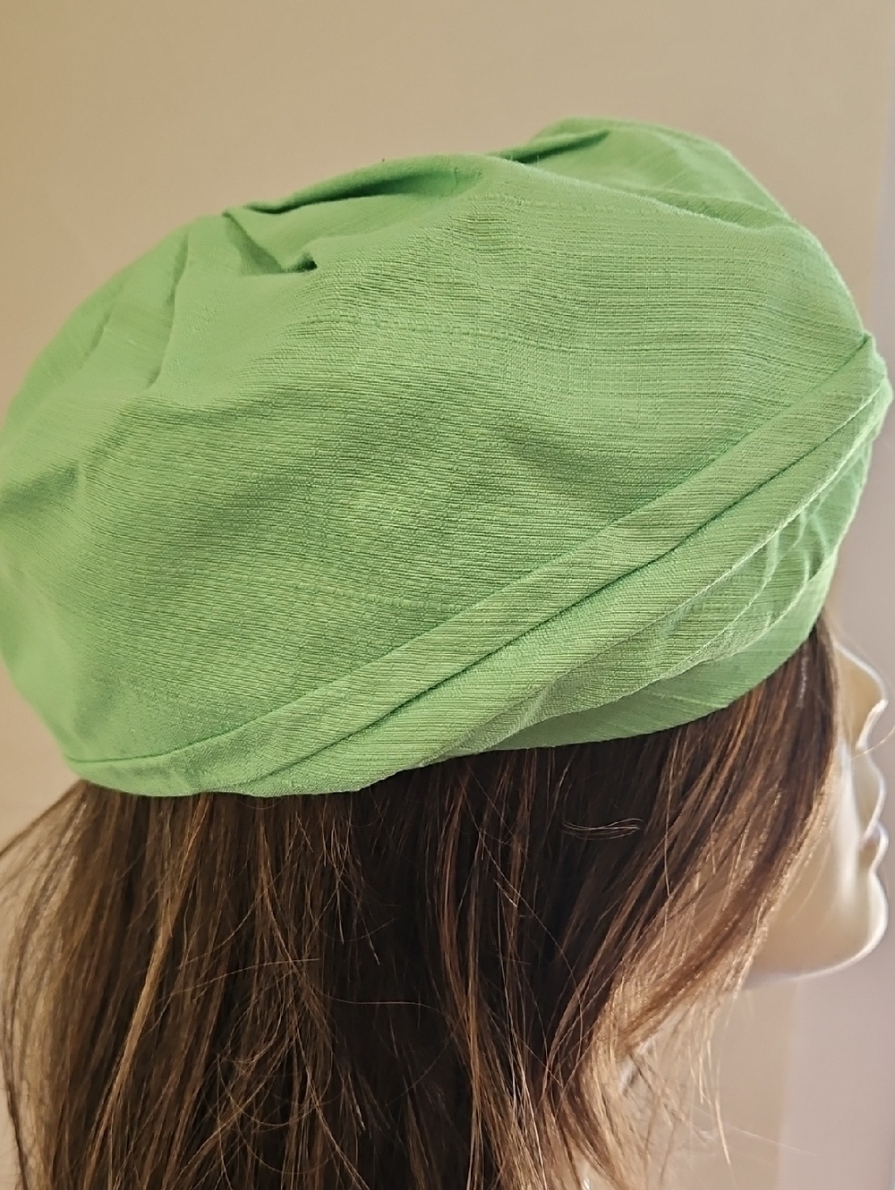 LIME GREEN PLEATED TOP‎  BERET STYLE CLOTH HAT Made In USA - Picture 7 of 10